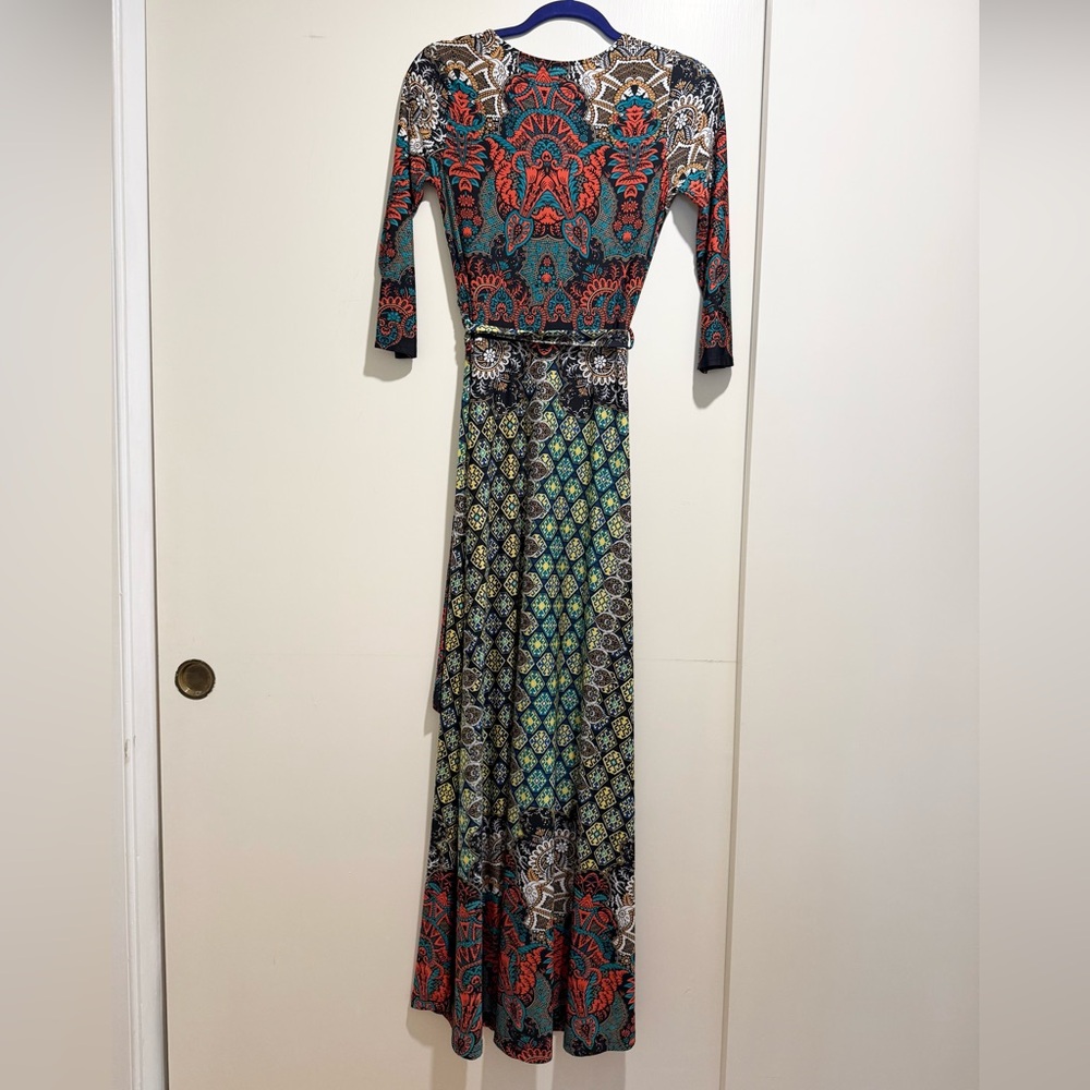 Moroccan Boho Faux Wrap Maxi Dress 🌿 | V-Neck | Belted | Statement Print - Picture 13 of 15